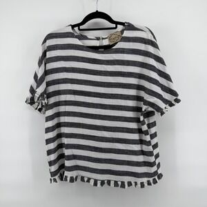 DejaVu Blouse Striped Ruffle Hem XL Black White Women Coastal Linen Blend Top